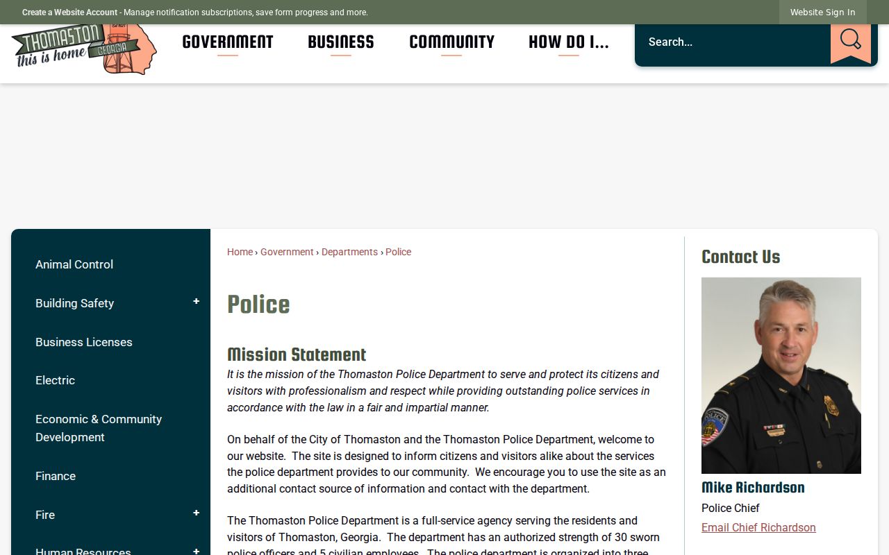 Thomaston Police municipal contact page