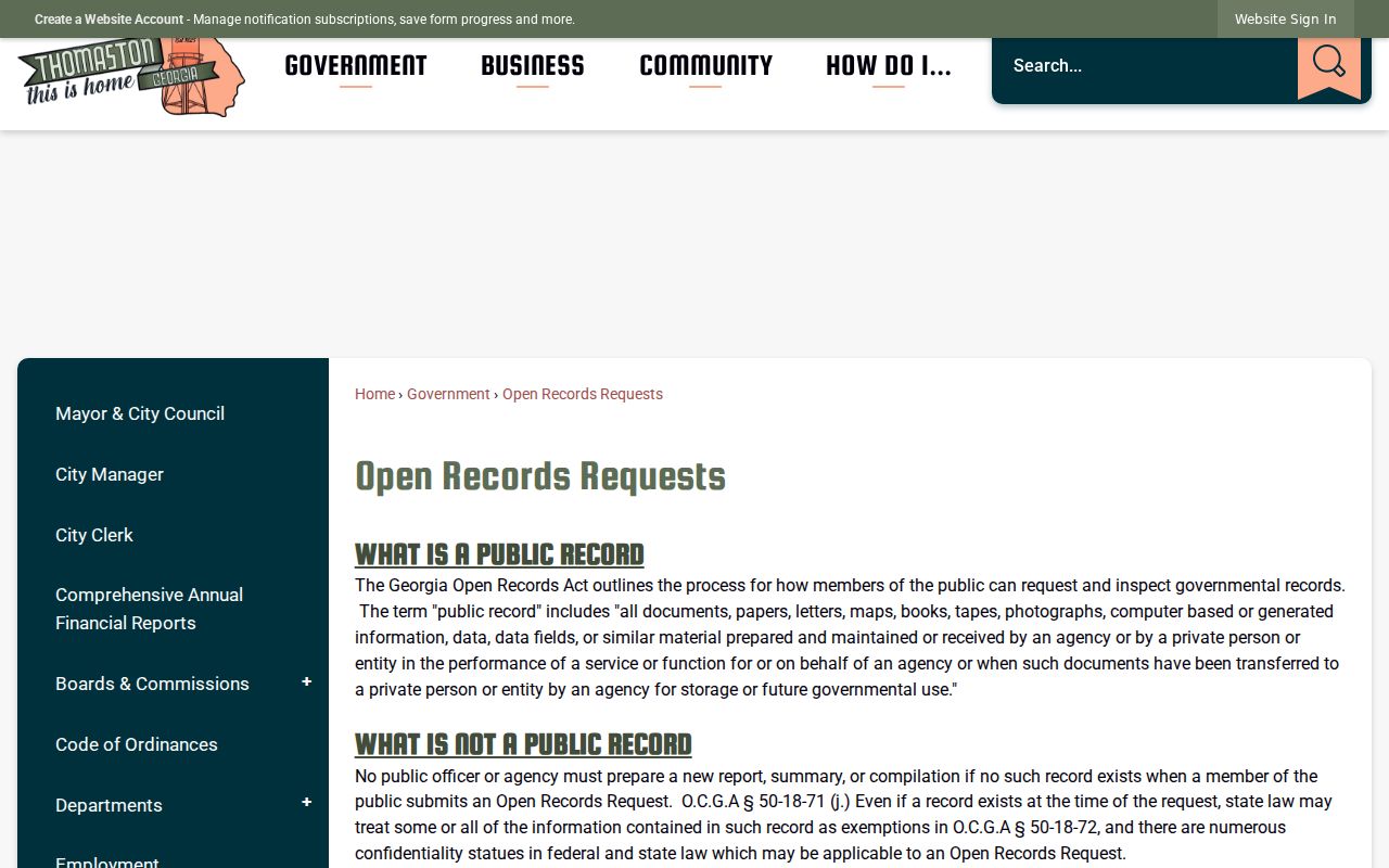 City of Thomaston Open Records request page